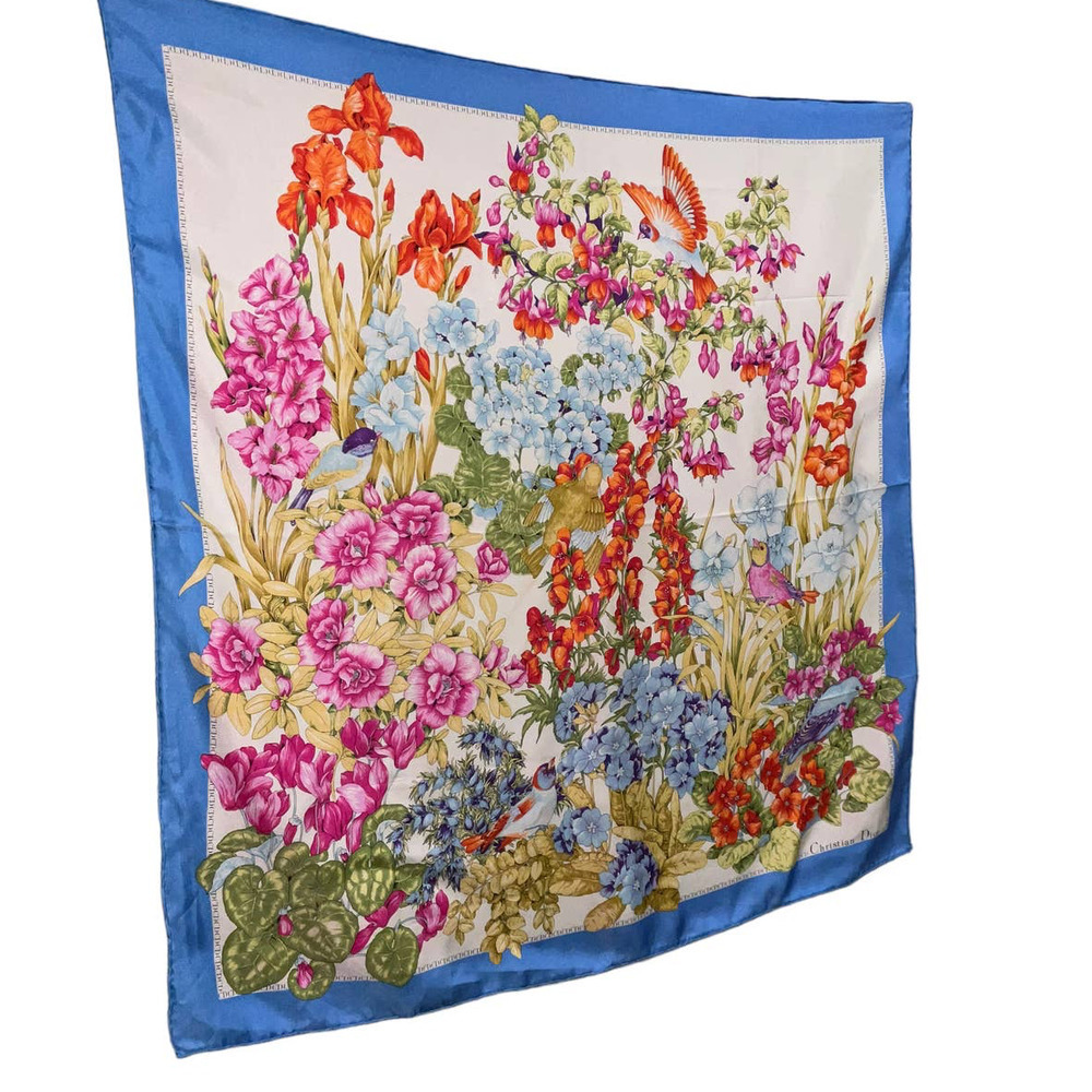 Christian Dior 32” Square 100% Silk Scarf Blue Multicolored Birds & Floral Print - Picture 2 of 16